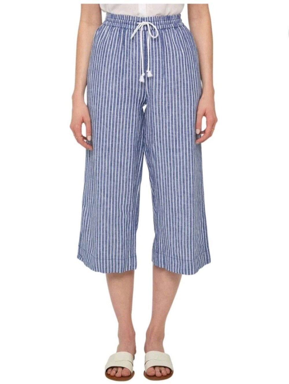 Beach Lunch Lounge Linen Blend Margot Drawstring Blue Pinstripe Sz Large Capri